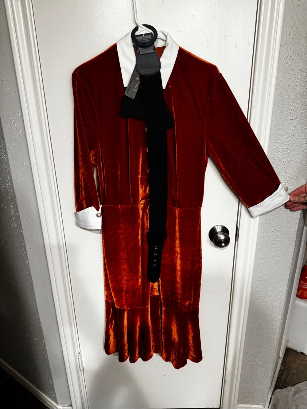 Rust Velvet Long-Sleeve Dress with White Collar and Cuffs